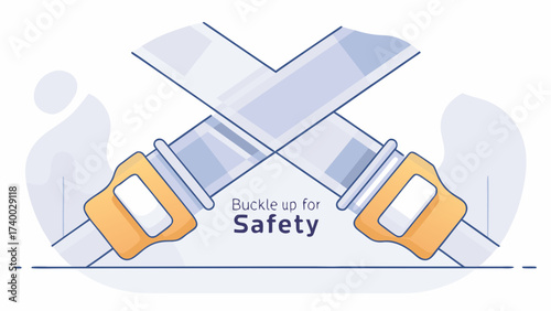Illustration of two crossed seatbelts with yellow buckles promoting safety and vehicle security for drivers on transparent background silhouette