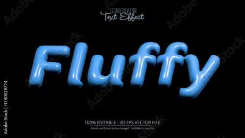 Fluffy word with blue 3D glossy balloon text effect on black background vector design editable file