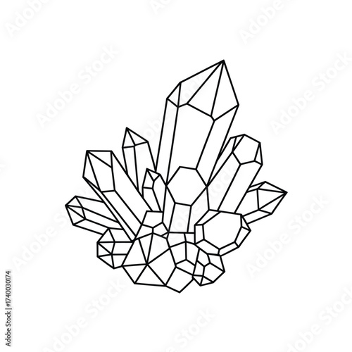 Hand drawn cluster of geometric crystals in black and white