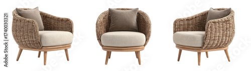 Three round wicker armchairs with light beige upholstery and light brown wooden legs