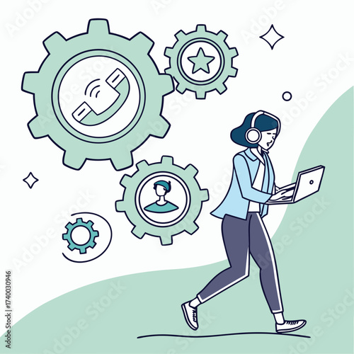 Business woman running with laptop in modern illustration