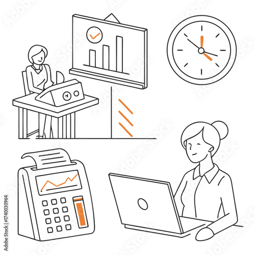 Business women working at desk with data charts