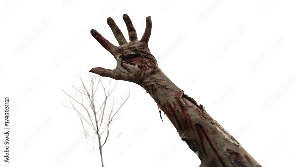 Fototapeta premium Bloody zombie flesh hand reaching up - Halloween - Premium pen tool cutout transparent background -