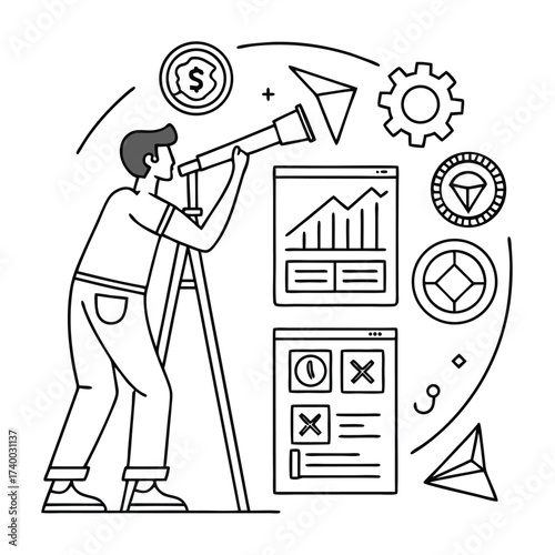Businessman looking through telescope at data graphics