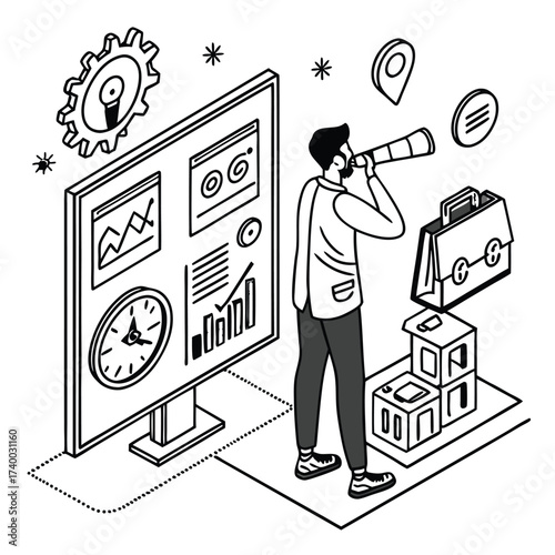 Businessman looking through telescope at data screen