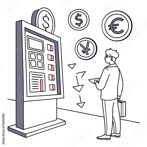 Businessman observing financial data kiosk
