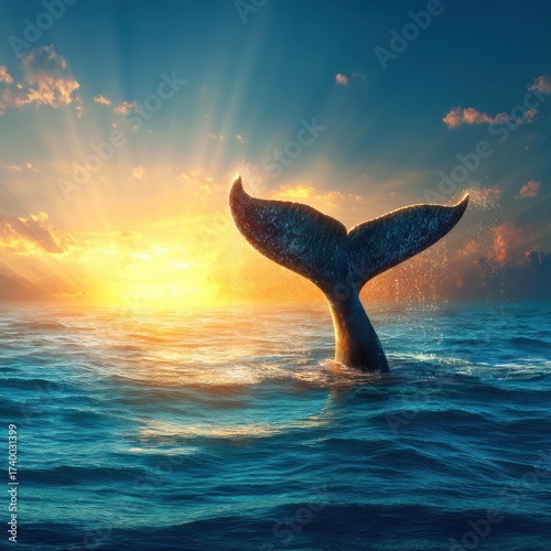 Wallpaper Mural A whale's tail rises above the ocean surface at sunset, with golden sunlight streaming through the clouds and sparkling on the water Torontodigital.ca