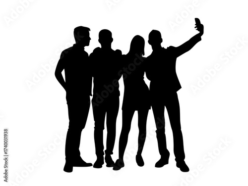 Silhouette of a group of four friends standing together, posing for photos. The top shows them standing side by side with arms around each other, while the bottom depicts them taking a selfie.vector