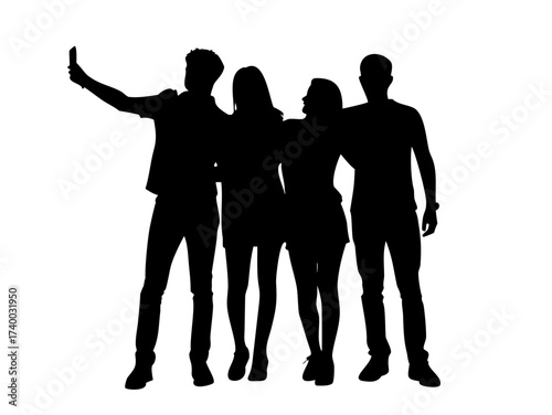 Silhouette of a group of four friends standing together, posing for photos. The top shows them standing side by side with arms around each other, while the bottom depicts them taking a selfie.vector