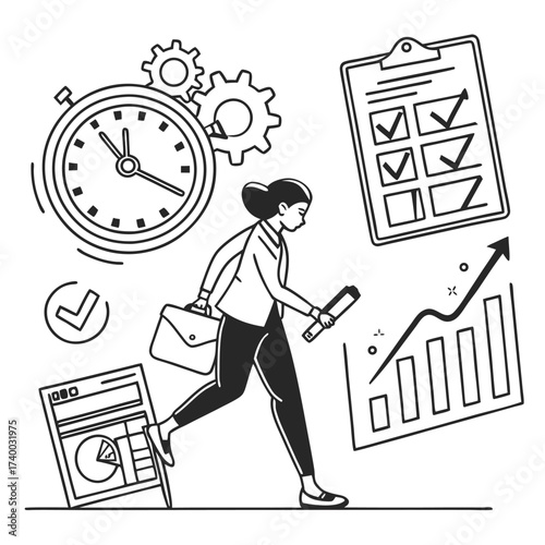 Businesswoman running with business graphics