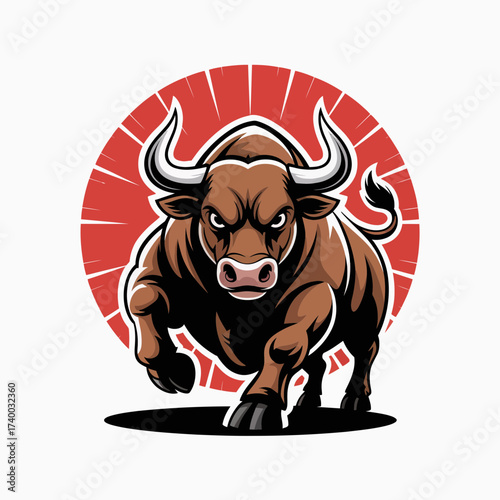 bull, charging, mascot, logo, illustration, cartoon, vector, strong, aggressive, power, red, energy, force, beast, animal, wild, fierce, muscular, horned, dynamic, bold, angry, stance, motion, graphic