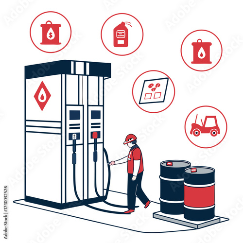 Vector art of isometric illustration of a gas station with worker and barrels petrol station fuel pump gasoline station oil station gas station equipment