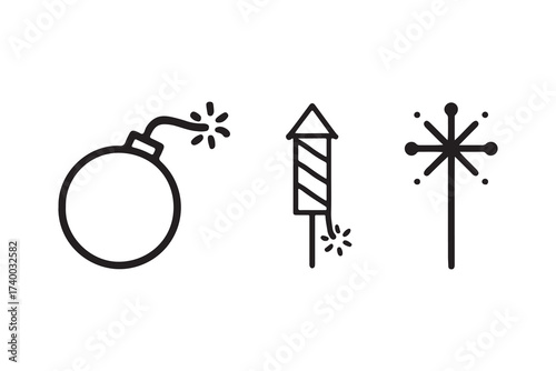 Firecracker icons set vector in outline style featuring bomb, rocket, and sparkler on white background.