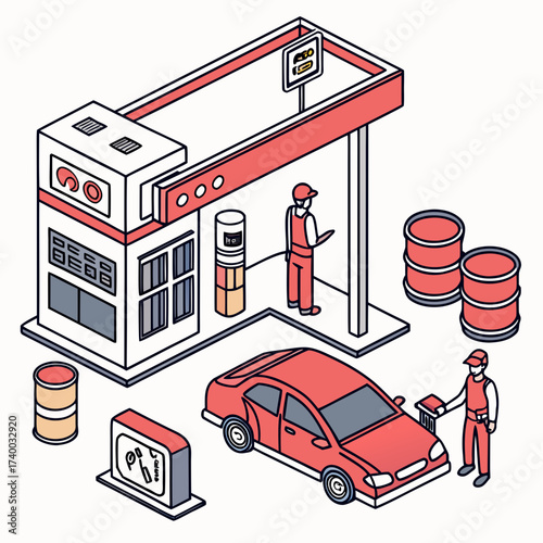 Vector art of isometric gas station illustration featuring a car being refueled, barrels of fuel, and attendants, conveying a sense of service and convenience in a modern design