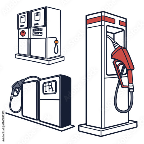 Illustration of various gas station pumps with nozzles and hoses, perfect for illustrating the concept of fuel, energy, or transportation in a clean and modern style