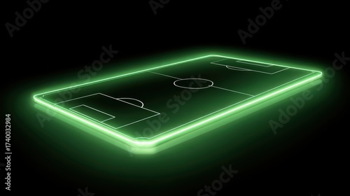 A glowing neon green outline of a soccer field floats against a black background, giving a futuristic and digital appearance