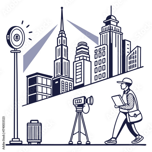 Cityscape illustration with news reporter