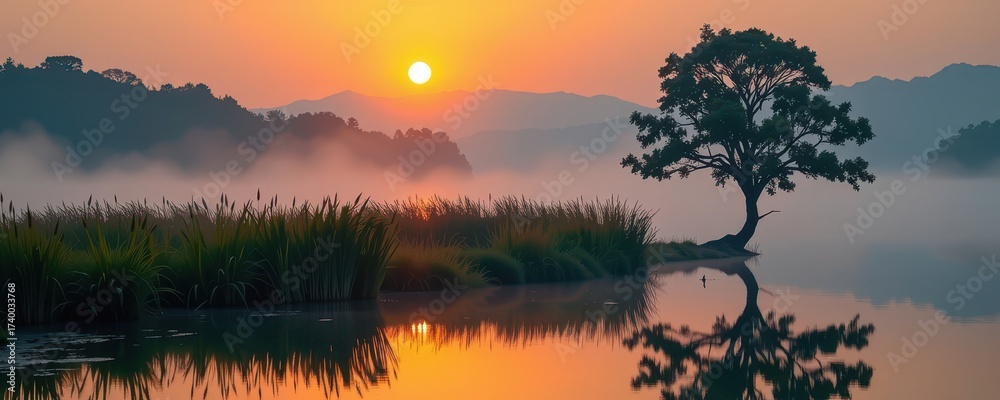 Obraz premium Golden sunrise paints the misty river with warm light, illuminating tall reeds and a solitary tree on the bank; tranquil summer morning scene, nature, reeds, sunlight