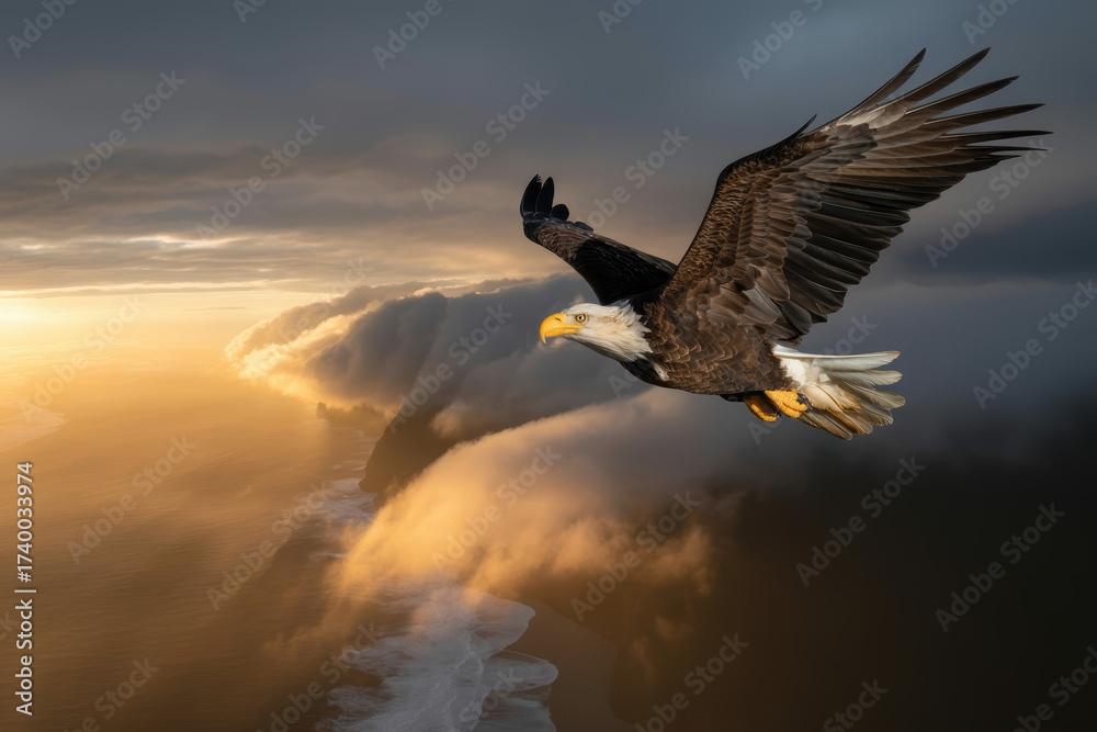 Obraz premium Majestic Bald Eagle Soaring Over Misty Coastline at Sunset