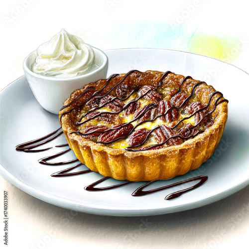 A beautiful colored pencil and watercolor illustration of a pecan pie tart with chocolate sauce and whipped cream.