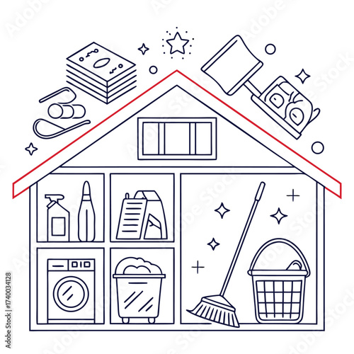 Cleaning supplies inside a house illustration