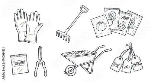 Black and white illustration of gardening tools and supplies for planting and growing.