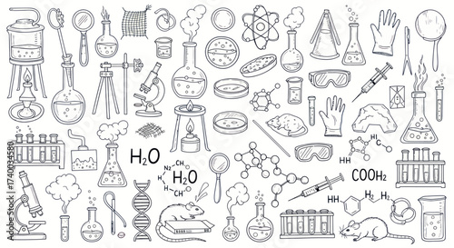 A large set of hand-drawn science icons, including laboratory equipment, chemical formulas, and biological elements.
