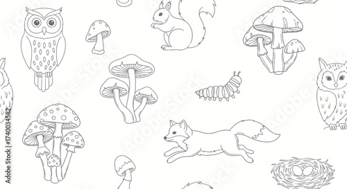 A charming black and white illustration featuring a whimsical forest scene with various woodland creatures and fungi.