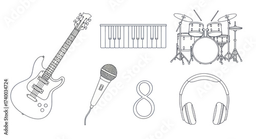 A collection of musical instruments and audio equipment, including a guitar, keyboard, drums, microphone, and headphones.