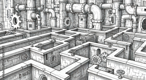 A detailed, monochrome illustration of an intricate industrial maze composed of numerous pipes, gears, and valves.
