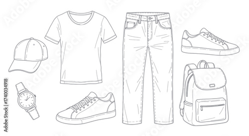 Line art illustration of casual clothing and accessories.