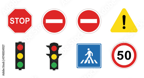 Collection of various traffic signs and signals, including stop, no entry, and pedestrian crossing.