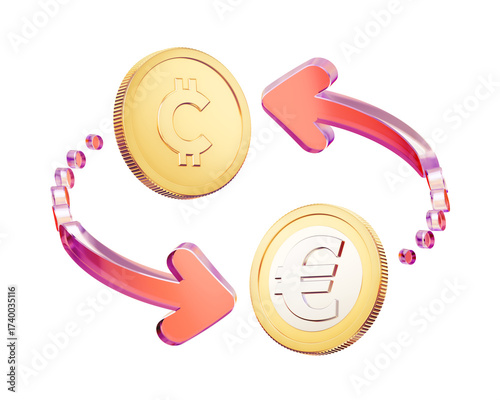 Trading of a pair of the Euro coin and an abstract cryptocurrency. 3D rendered graphic illustration isolated on a white background and themed around Crypto Markets.