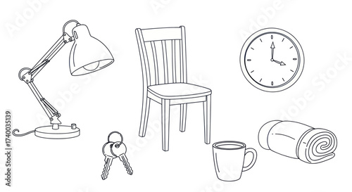 Line art illustration of a desk lamp, chair, clock, keys, mug, and rolled blanket.