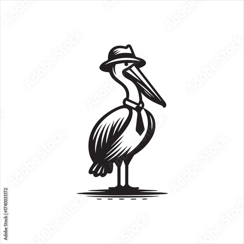 Vector logo illustration of a stylish pelican in a hat and tie, exuding a distinguished and professional charm