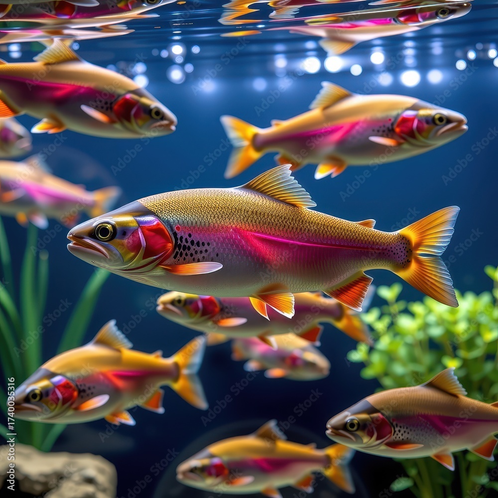 Fototapeta premium Vibrant rainbow trout swim gracefully in a spacious aquarium, their iridescent scales shimmering under the water's surface, large aquarium, bright