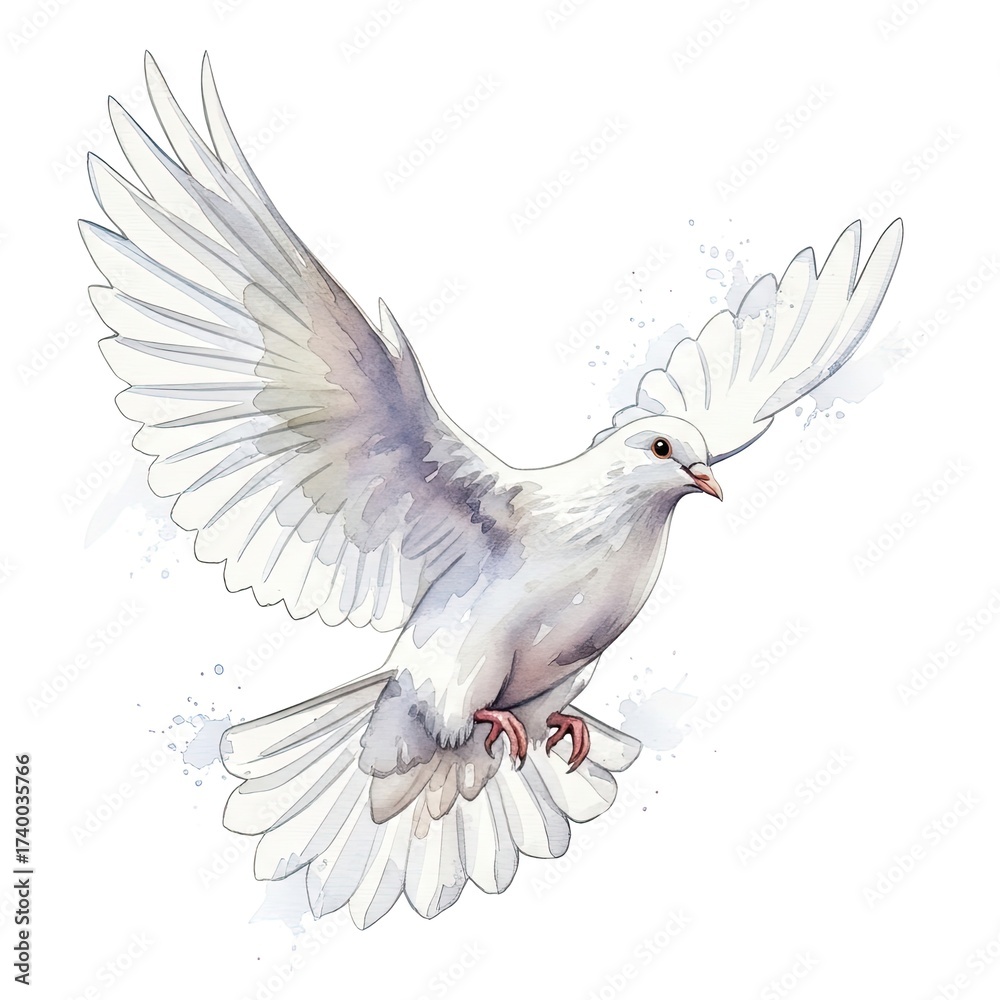 Obraz premium A serene white dove, gracefully depicted in a stunning watercolor style, ascends with outstretched wings, symbolizing hope, peace, and the spirit of freedom.