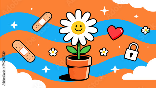 Smiling flower in pot with bandages and heart