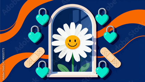 Smiling daisy in window with heart locks and bandages