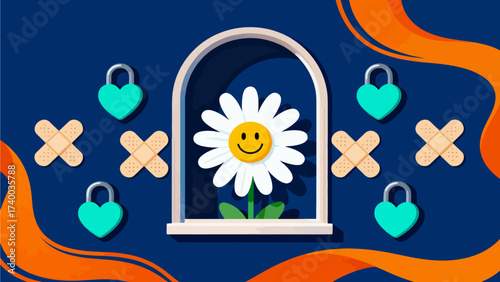 Smiling daisy in arched window with heart locks and bandages