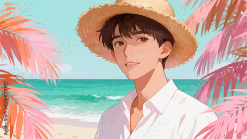 Fotografía Young man in straw hat at beach