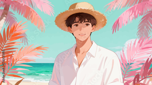 Young man in straw hat on beach
