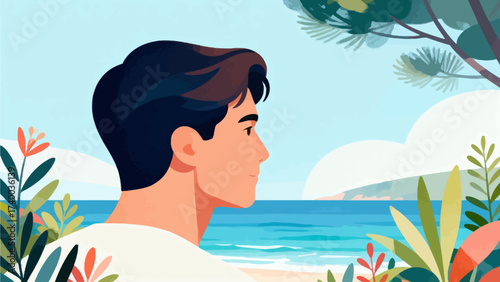 Man looking at ocean surrounded by plants