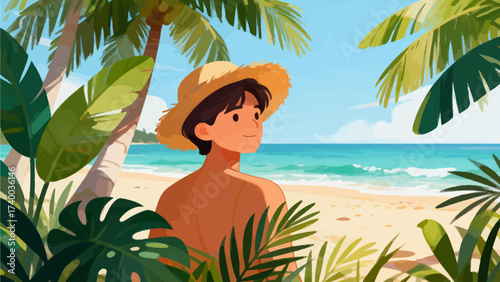 Person on tropical beach with palm trees