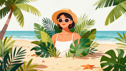 Woman on tropical beach with palm leaves