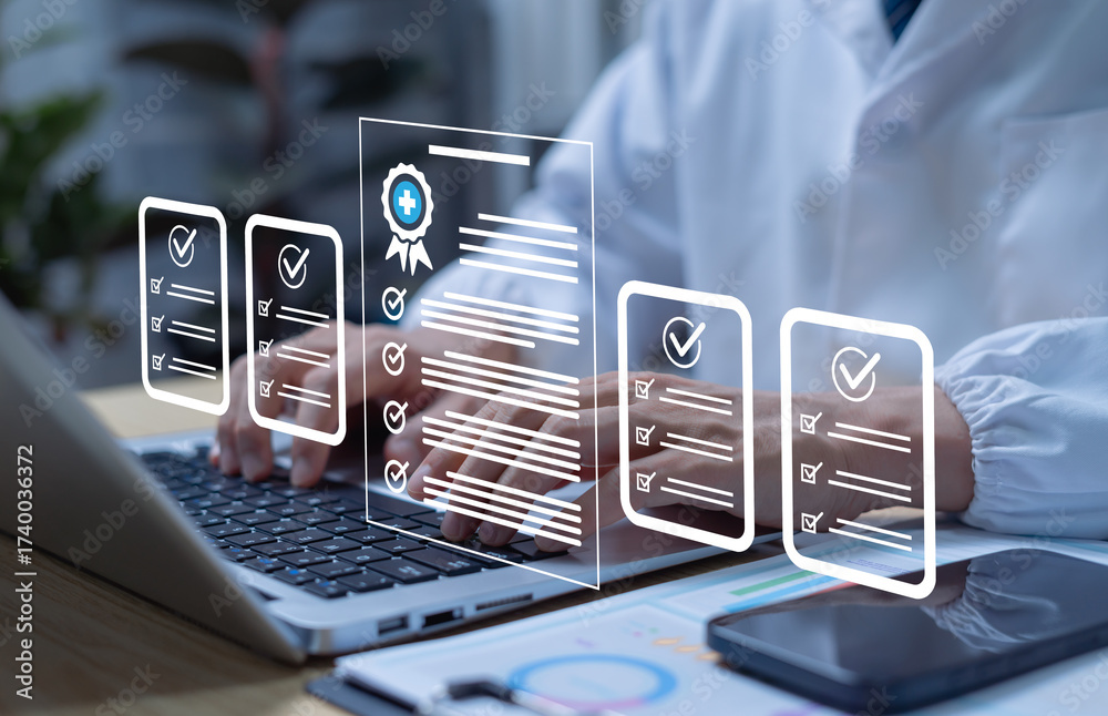 © Father_Studio - Medical officers working with virtual quality certificate documents and analyst checklists, representing quality management, ISO assurance, and strategic planning.