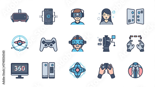 Collection of flat icons representing virtual reality technology, gaming, and futuristic concepts