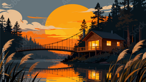 Cabin by lake at sunset with bridge