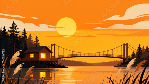 Sunset over lake with cabin and bridge