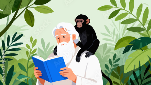 Elderly man reading with monkey on shoulder